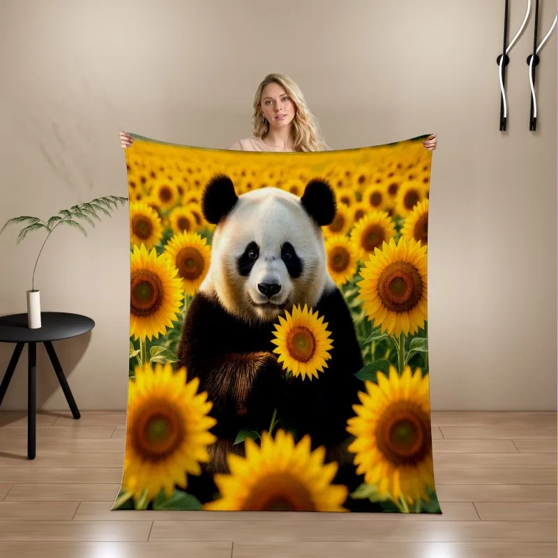3D Panda Sunflower Field Print Flannel Blanket, Soft Microfiber Throw Blanket for Sofa Bed, Warm Home Decor Gift