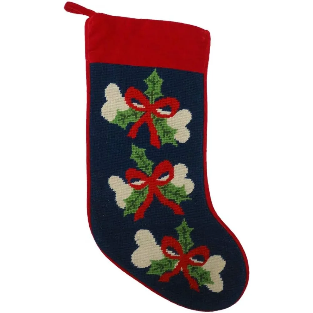 

Dog Bones with Red Ribbon Holly Needlepoint Christmas Stocking, Wool, 11 Inch x 18 Inch