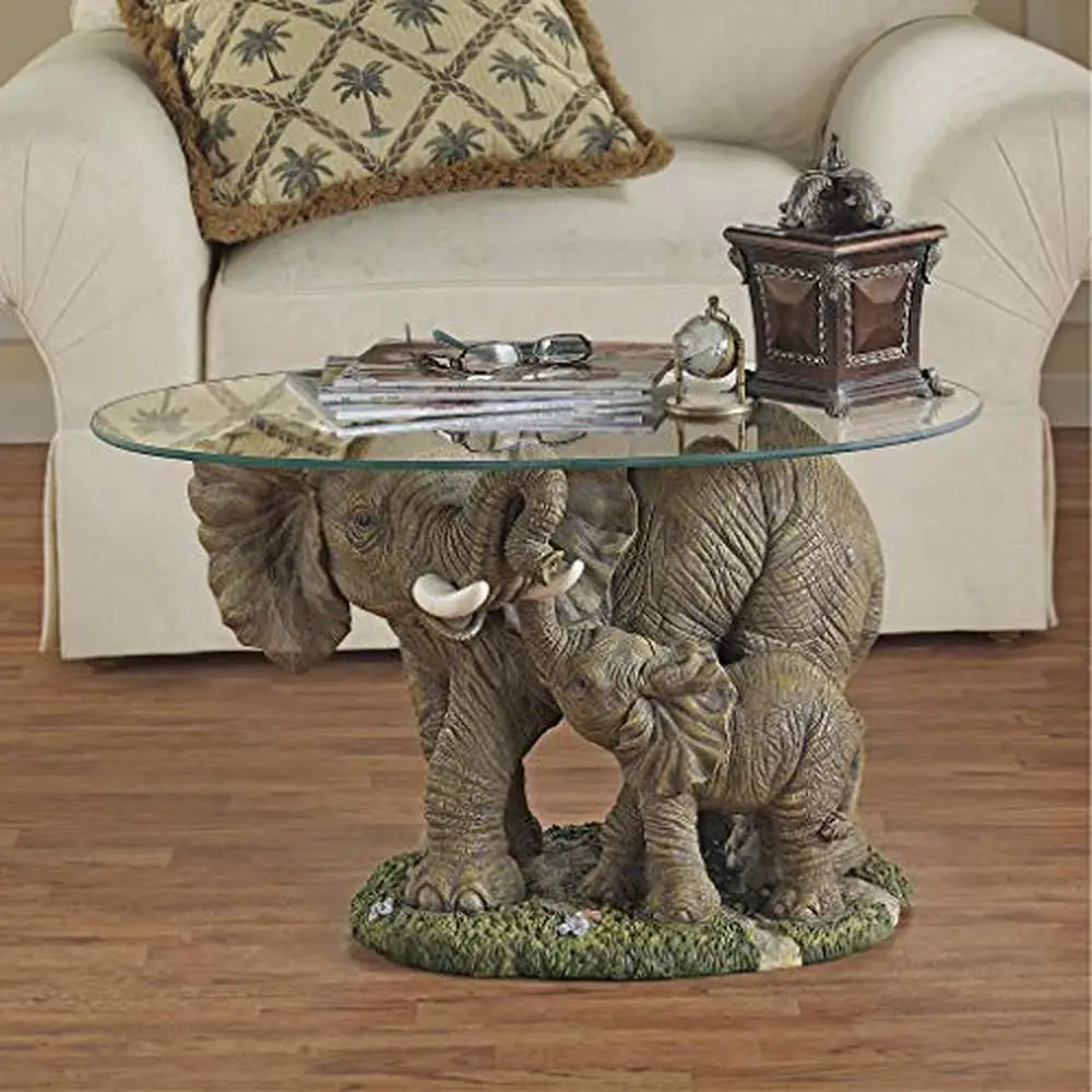 African Decor Elephant Mother and Child Glass-Topped Coffee Table Oval Design 30x18x18 Elephant's Majesty Hand-Cast Resin Home