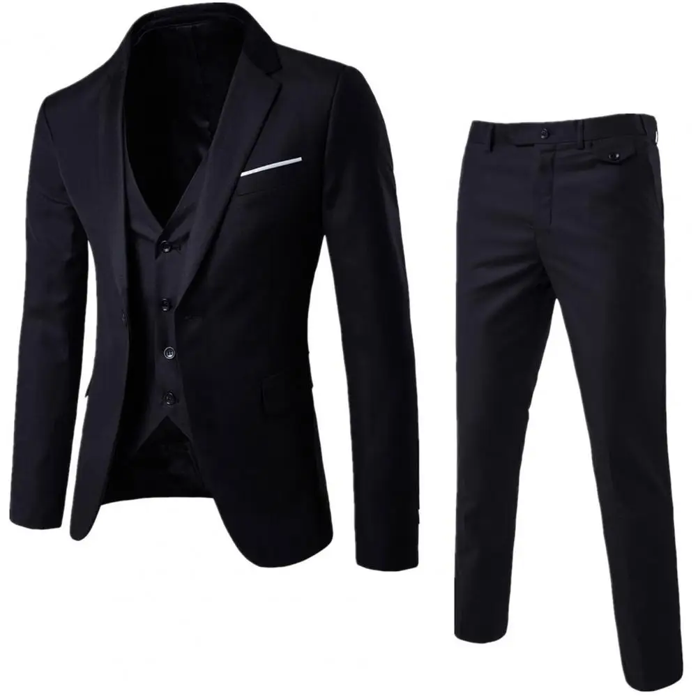 Men Three-piece Suit Premium Men\'s Wedding Suit Set Formal Business Style Slim Fit Coat Pants Vest Silky Smooth Anti-wrinkle