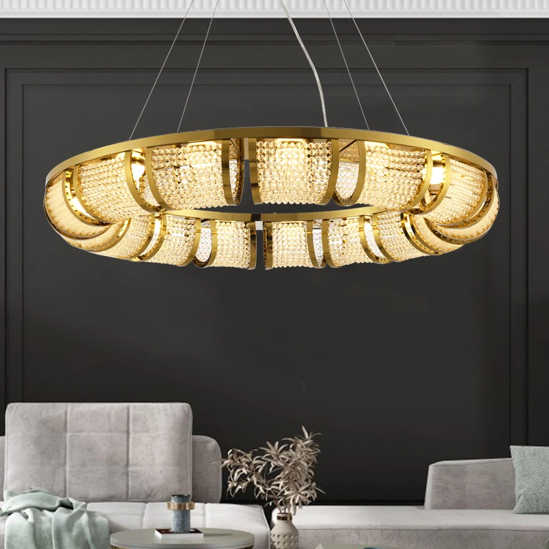 All Copper Crystal Pendant Lamps American Modern Round Pendant Lights Fixture European Luxury Hanging Lamp Home Indoor Lighting