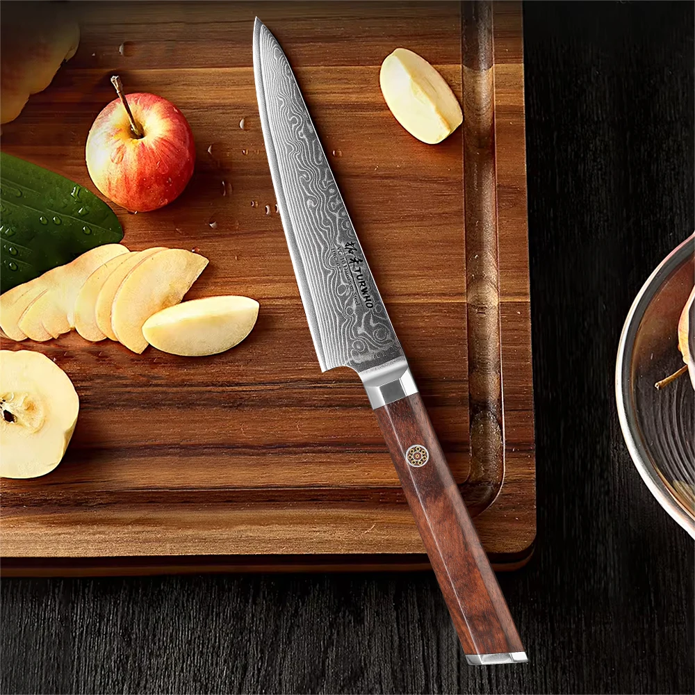TURWHO 5-inch Kitchen Utility Knife Damascus Steel Chef Knives Meat Peeling Fruit Knife Japanese Octagonal Handle Cooking Tools