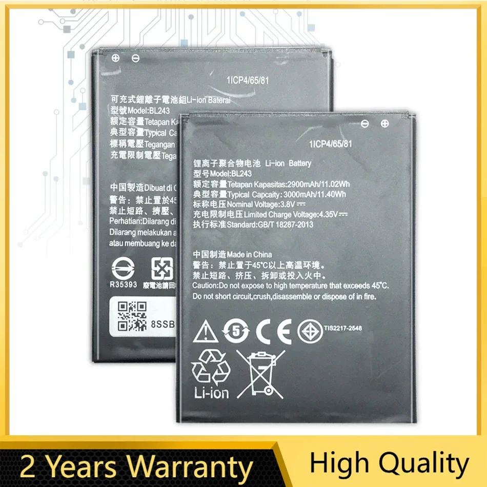 BL243 Battery For Lenovo Lemon K3 Note, K50-T5, A7000, A5500, A5600, A7600, 2900mAh