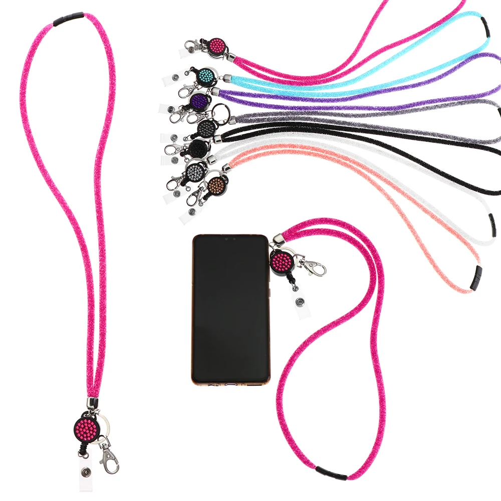 High Quality Office Supplies Mobile Phone ID Card Holder Bling Crystal Lanyard Hanging Rope Neck Strap Clip