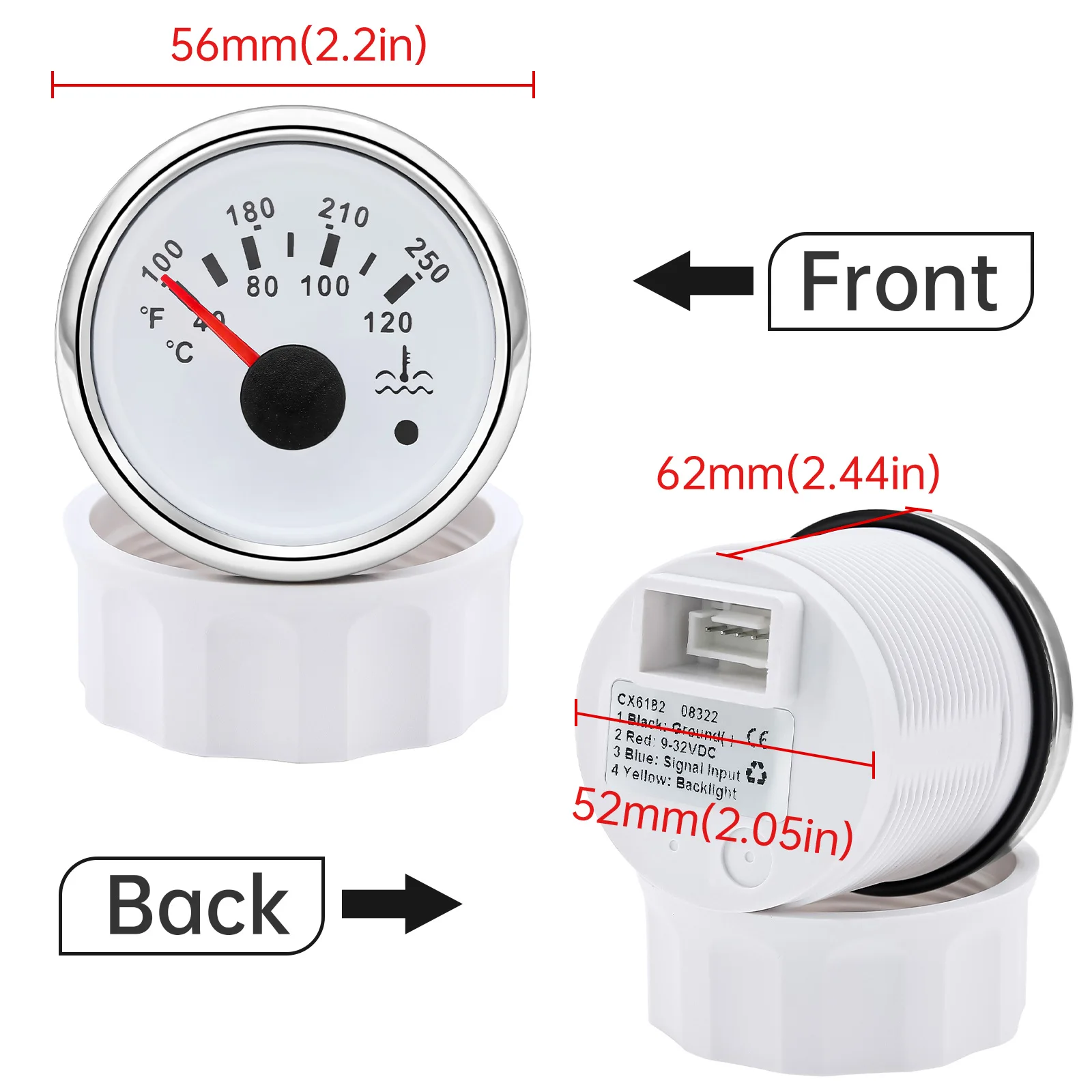 AD 52MM Water Temp Gauge with Alarm 40-120℃ Water Temp Gauge 1/8NPT Temperature Sensor 26-40MM Hose Adapter 9-32V For Boat Car