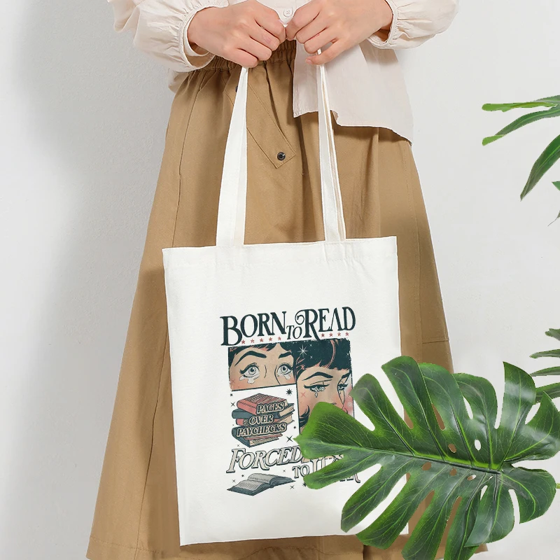 Born to Read Bookish Pattern Tote Bag Canvas Shoulder Bag for Travel Daily Commute Women's Reusable Large Shopping Bag for Ladys