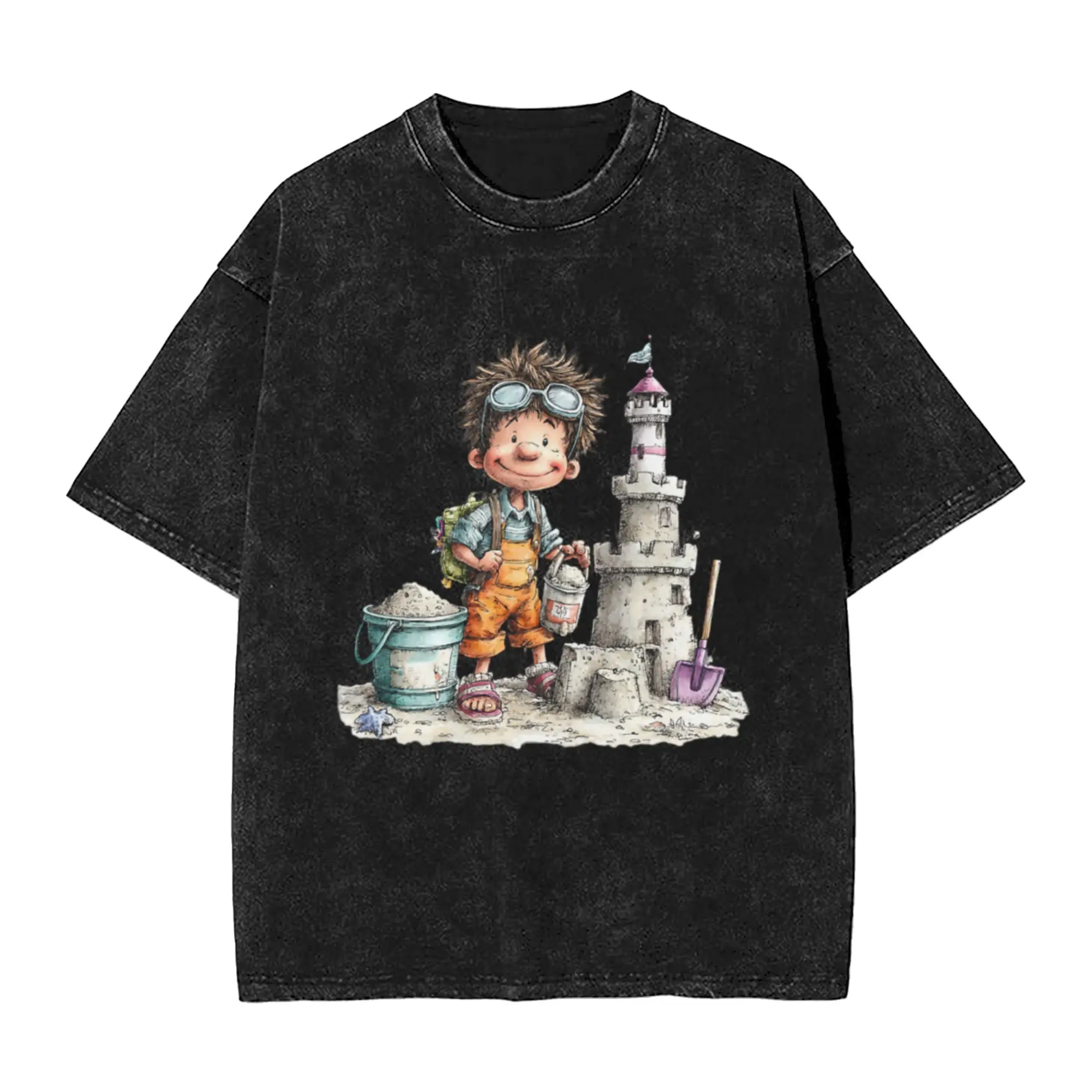 Cute boy making sandcastles - whimsical design Unique Cool A Washed T Shirt Men's Women's Oversized Cotton Tees Tops