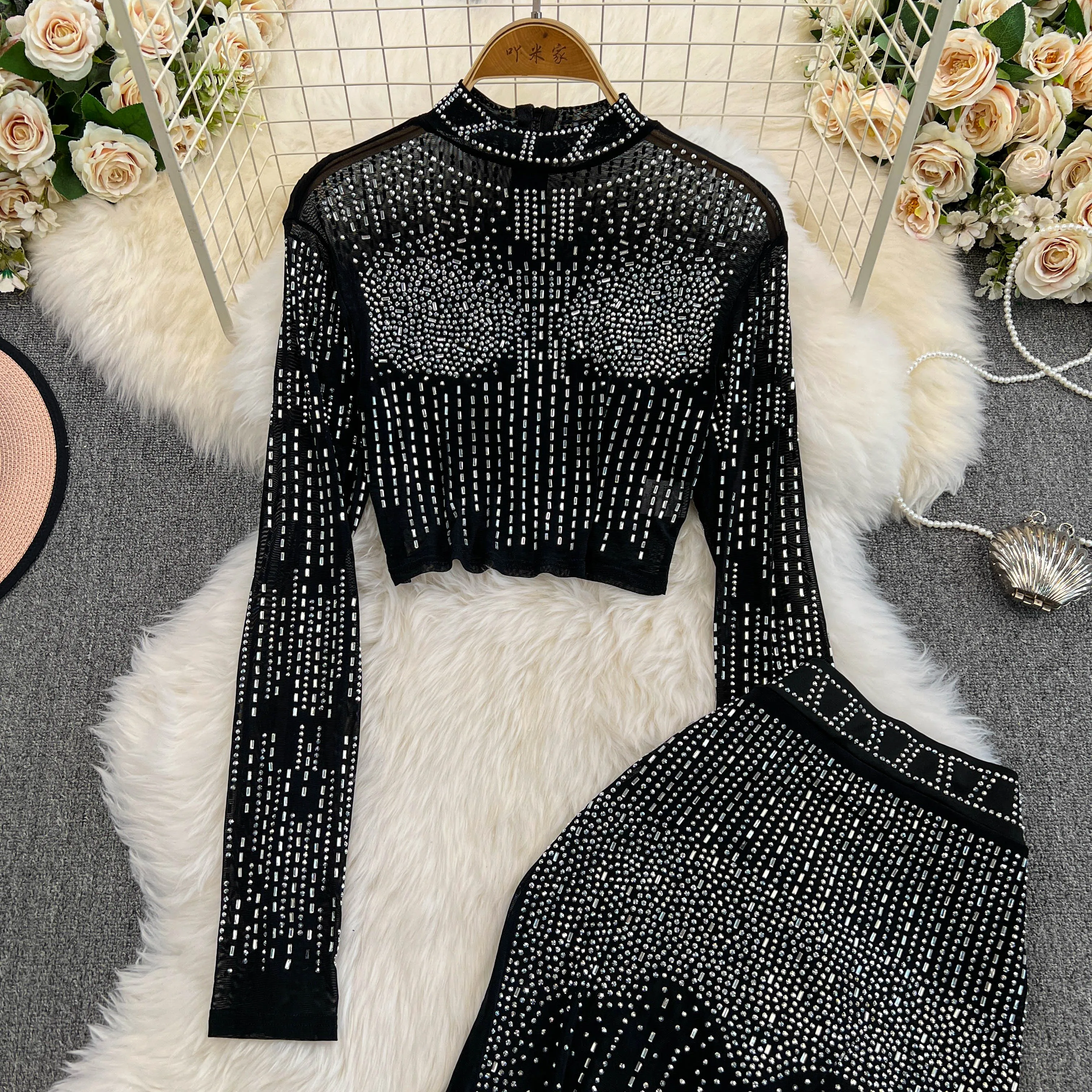 Luxury Women Hot Drilling Starry Diamonds Beaded Chiffon T-Shirts Long Sleeved Mesh Rhinestones Tees Top+Sequined Skirt 2Pcs Set