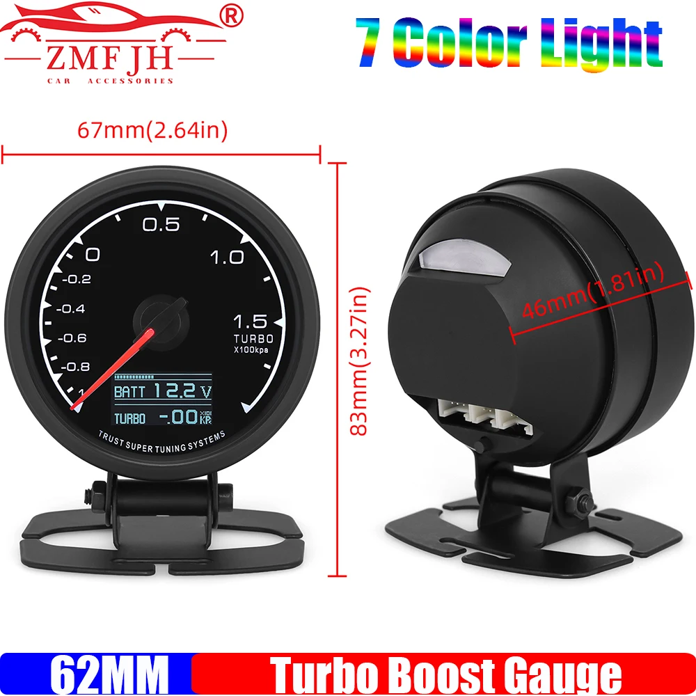 

ZMFJH Pointer 62mm Turbo Boost Gauge with Sensor 7 Color Backlight -1~2X100Kpa Digital Turbo Meter Holder Bracket for Car 12V