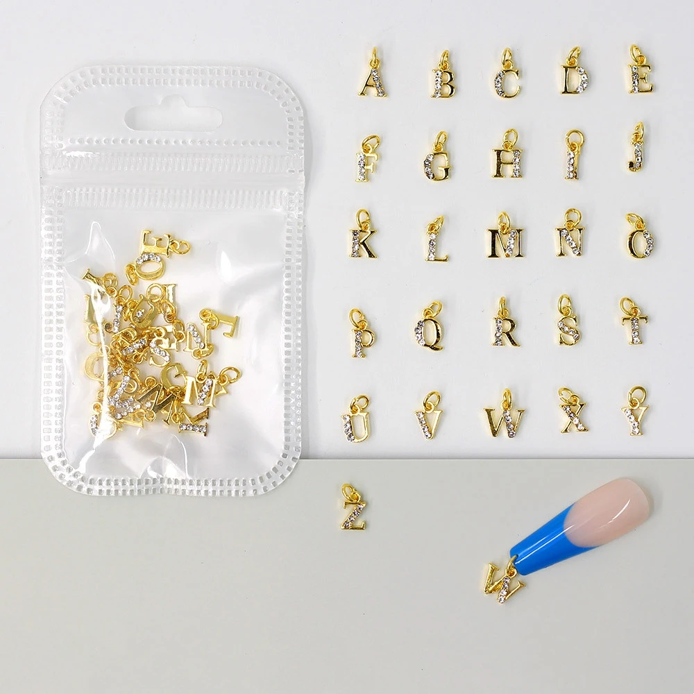 26/100pcs A-Z English Alphabet Pendant Nail Charms Alloy Luxury Rhinestones Charms DIY Jewelry - Bracelets, Keychains, Necklaces