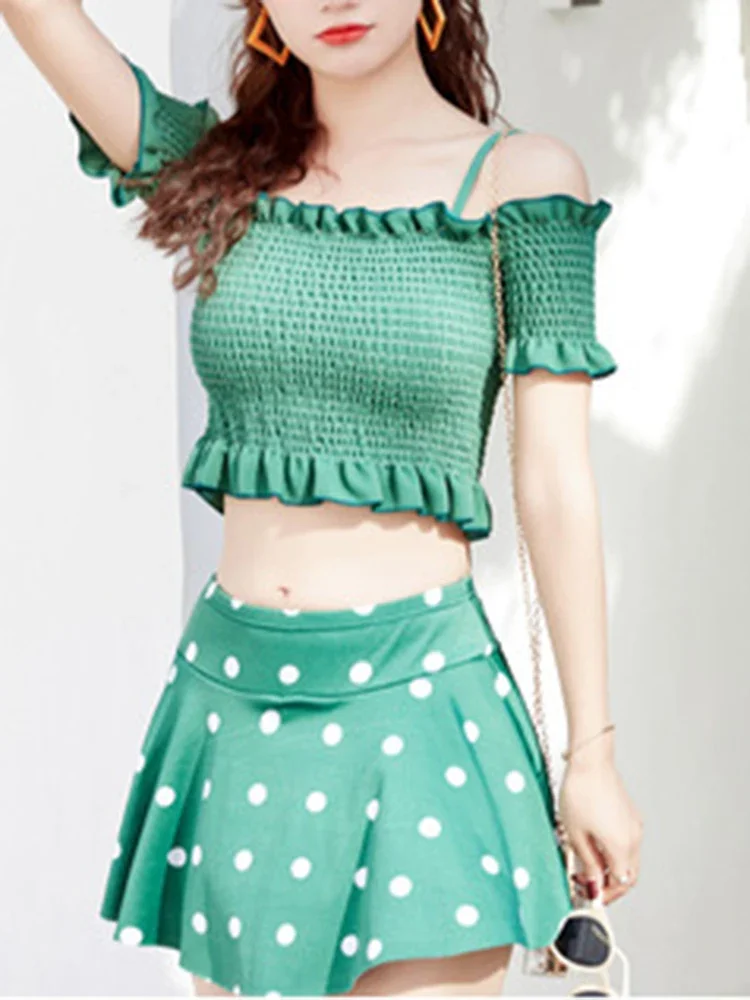 OIINAA Strój Kąpielowy Damski Falbanki Dekolt Hiszpanka Plisowany Zestaw Bikini Spódniczka Plażowa w Kropki z Wysokim Stanem Lato 2025 Nowy Słodki Dziewczęcy Kostium Kąpielowy