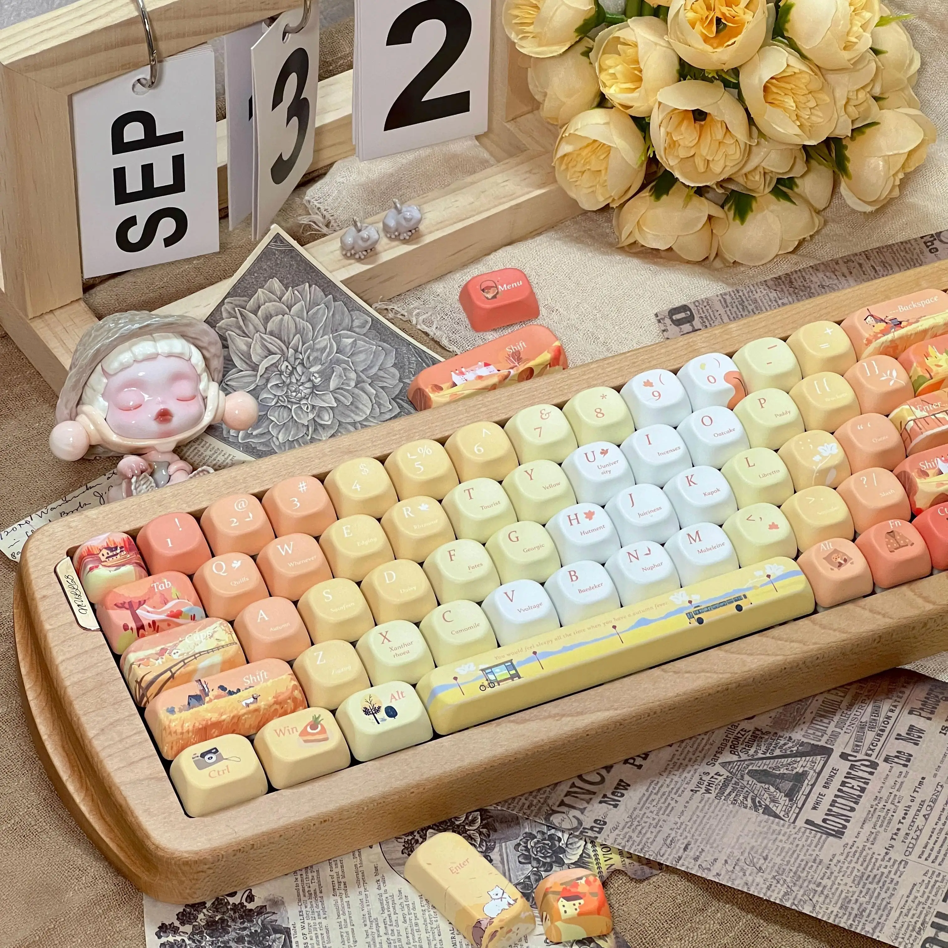 Taqiufeng Cherry Moa Pbt Full Five-Sided Thermal Sublimation Autumn Orange Side Engraved Rounded Gradient Color Diy Keycap