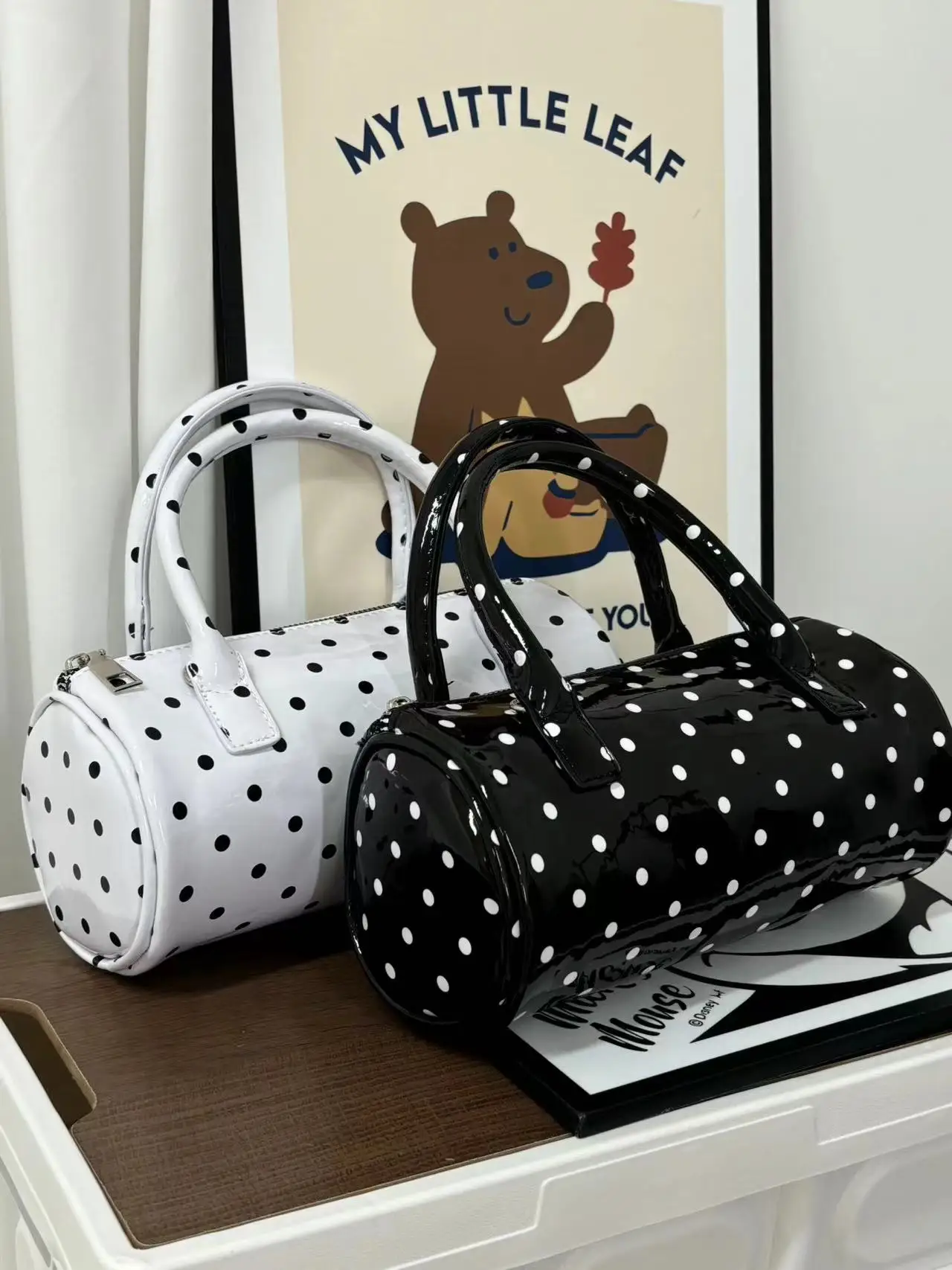 

Faionable Polka Dot Handbag Women's Bag Casual Sle Soft Leather round Cylinder Bag Cute Commuting Small Square Bag
