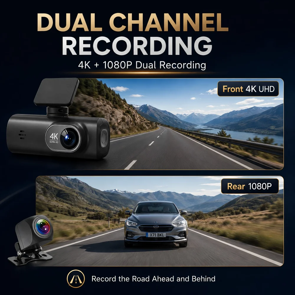 UHD 4K WiFi Dash Cam Dual Lens Driving Recorder Car DVR Optional 1080P Rear Lens Camera GPS 24H Parking Monitoring Black Box