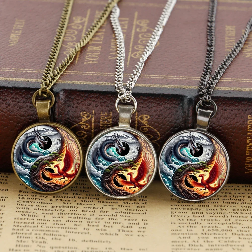 Retro Yang Phoenix and Yin dragon Glass Dome Handmade Chain Pendant Necklace For Men And Women Jewelry Accessories Birthday Gift