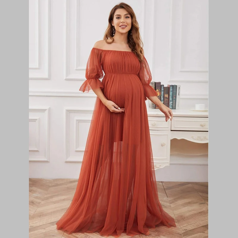 

One Line Neck Maternity Ceremonial Dresses Short Sleeved Gauze Solid Color Long Pregant Dress Classic Cozy Photography Clothing