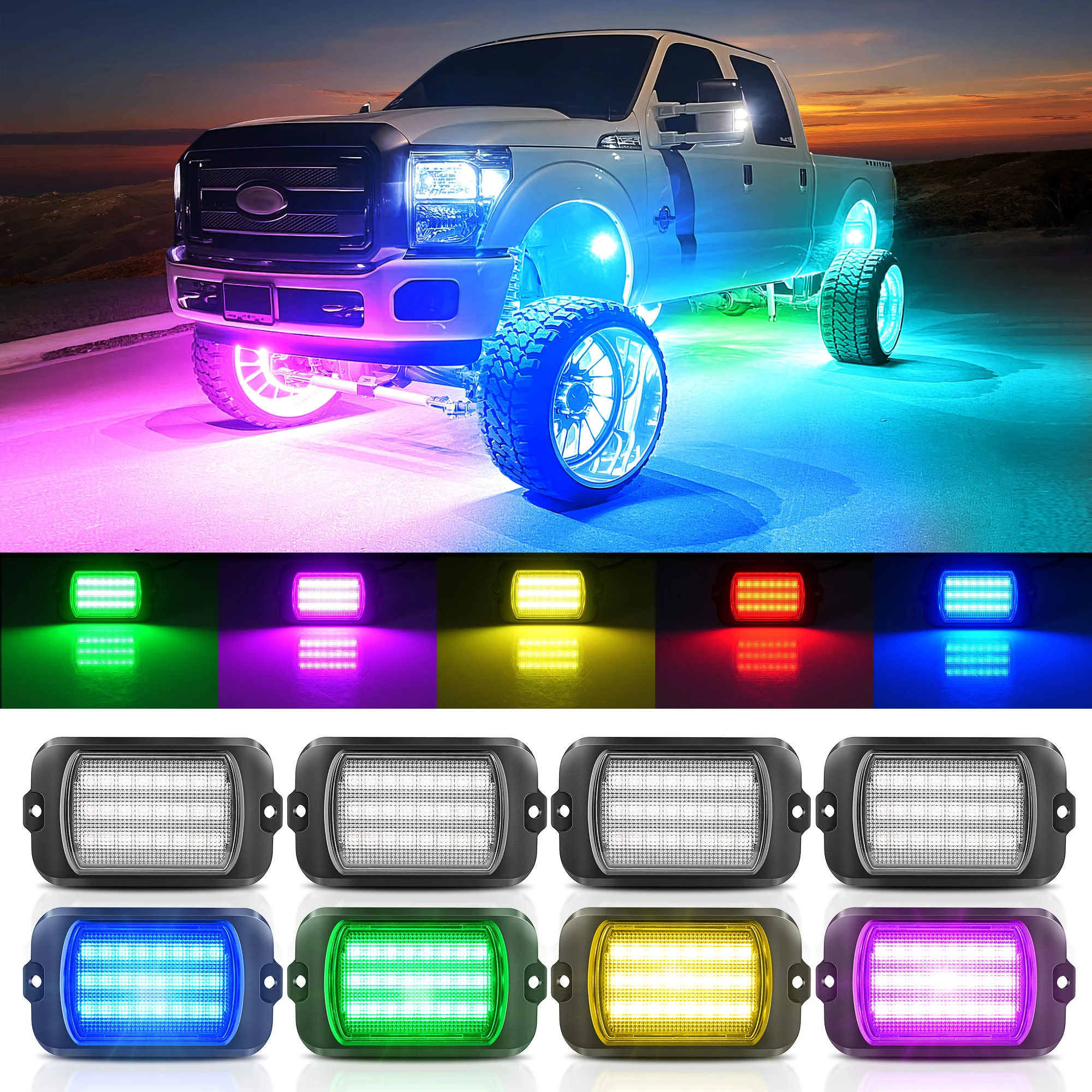 MICTUNING Q1 RGB+IC Rock Light Kit,8-Pod Multi-Colour Spotlights for Off-Road Use, Underbody Decorative Lights, Glowing Effect