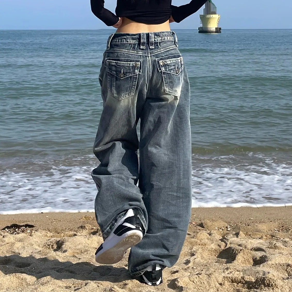 American Retro Washed Wide-leg Jeans For Women Y2k European And American High-waisted Loose Floor-mopping Trousers For Women