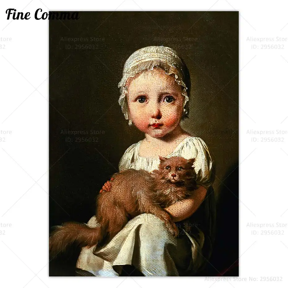 Colonial Girl with Cat Vintage Poster Primitive Folk Art Antique Wall Art Painting Canvas Print Reproduction Home Decor Gift