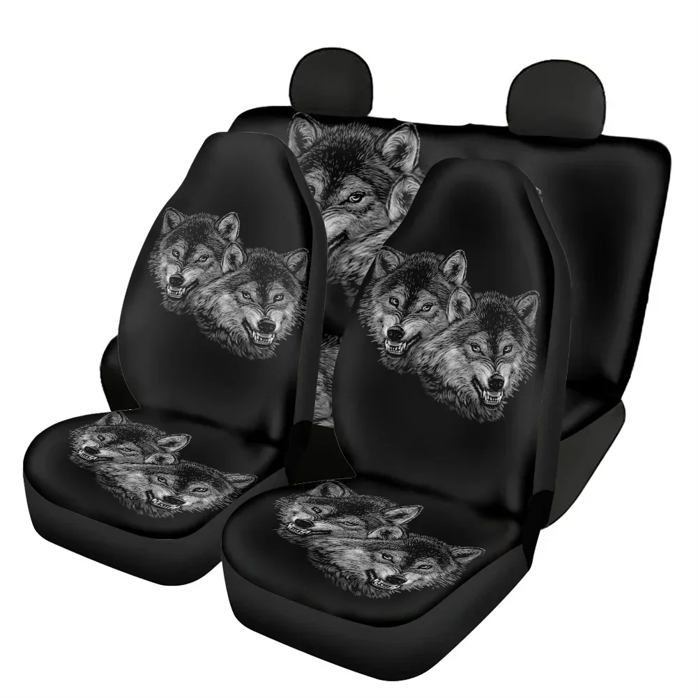 Set of 4 Car Front & Rear Seat Covers Cool 3D Wolf Design Universal Fit Auto Seat Protector Interior Accessories