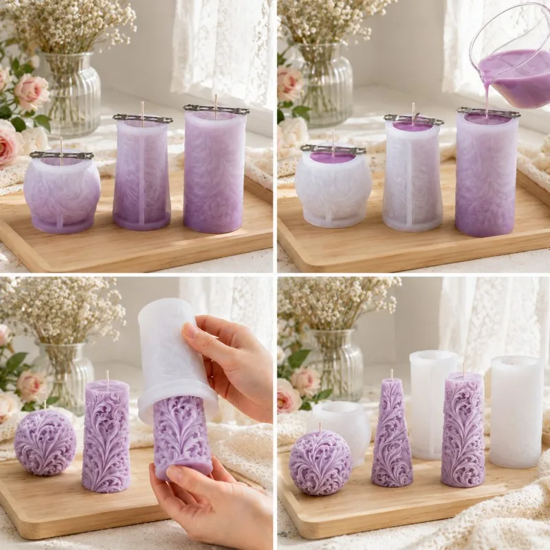 3Pcs Vintage Baroque Floral Carved Candle Molds, Reusable Easy Release Molds for DIY Candles, Epoxy Resin & Wedding Decoration