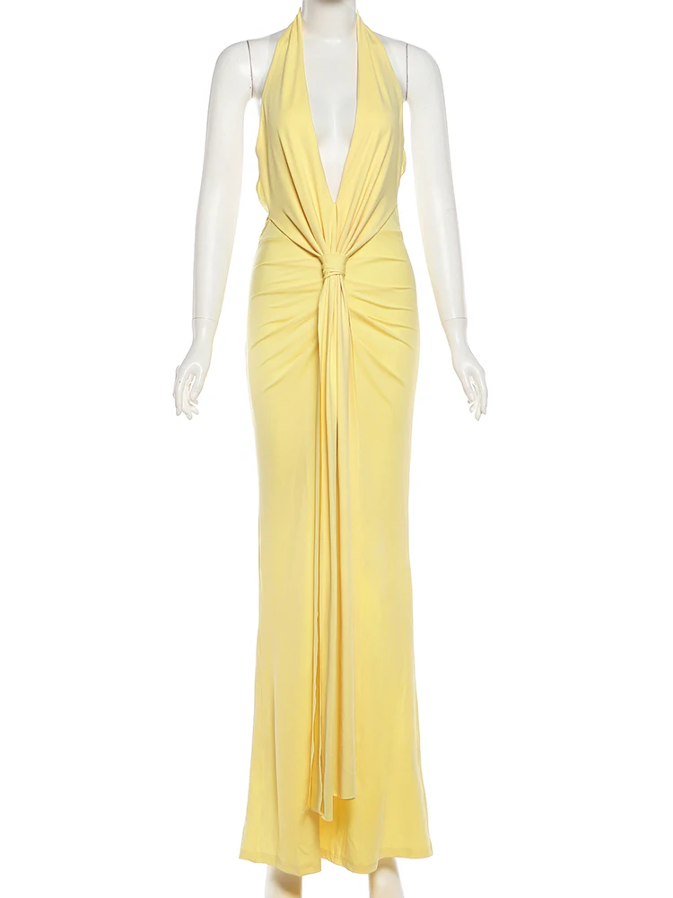 Kliou-Vestido largo elegante de satén sedoso para mujer, vestido largo con cuello Halter y espalda descubierta fruncido, vestido de diseño torcido, Vestidos para fiesta de graduación de medianoche