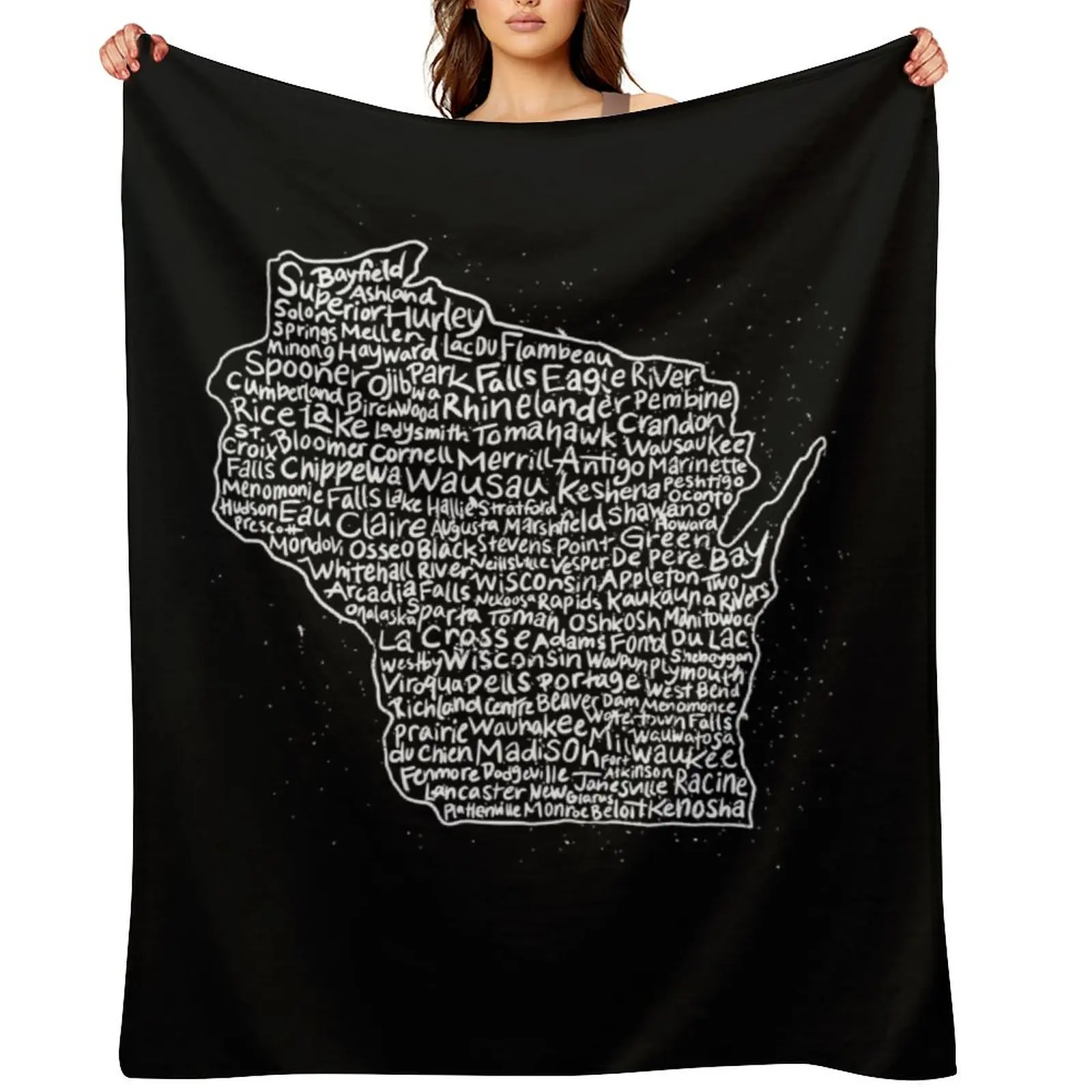 

Wisconsin Handwritten Map of State & Cities Throw Blanket Thin Decorative Sofa Quilt Flannel Fabric Blankets