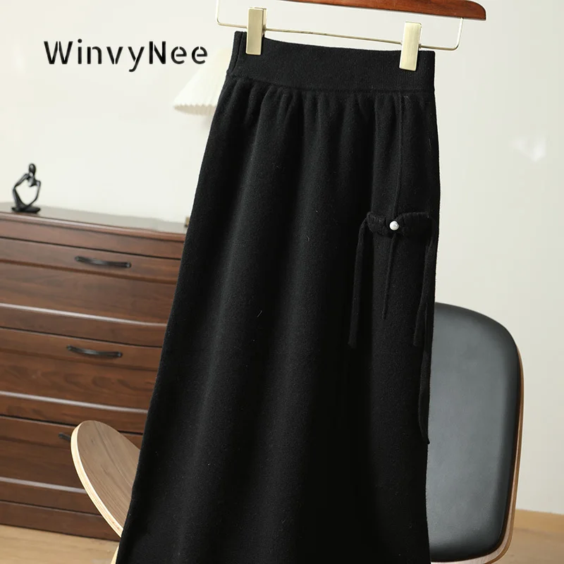 WinvyNee Women Midi Skirt Pure Wool Elastic Waist Tassel Pocket Decor Soft Knitted Commuter Outfit Daily Wear Apparel ZE1853007