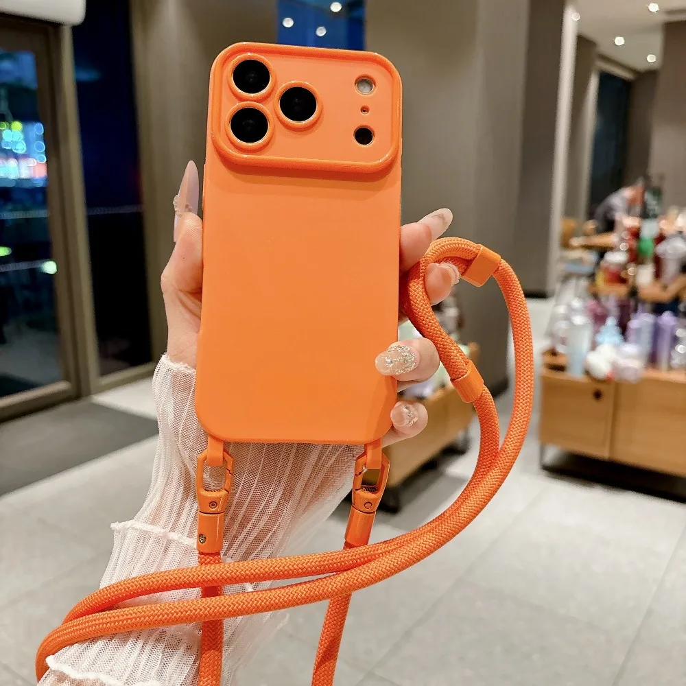 Solid Color Liquid Silicone Lanyard Case for iPhone 18 17 16 15 14 13 12 Pro Max 17e 16e Crossbody Strap Shockproof Soft Cover