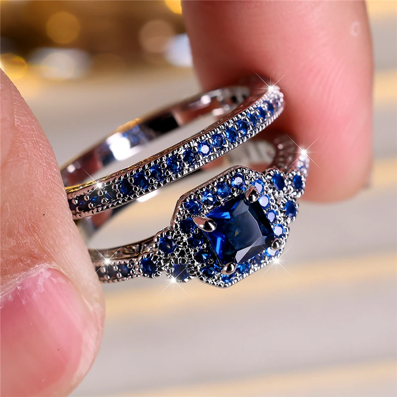 Female Blue Zircon Stone Engagement Ring Set Cute Silver Color Wedding Jewelry For Women