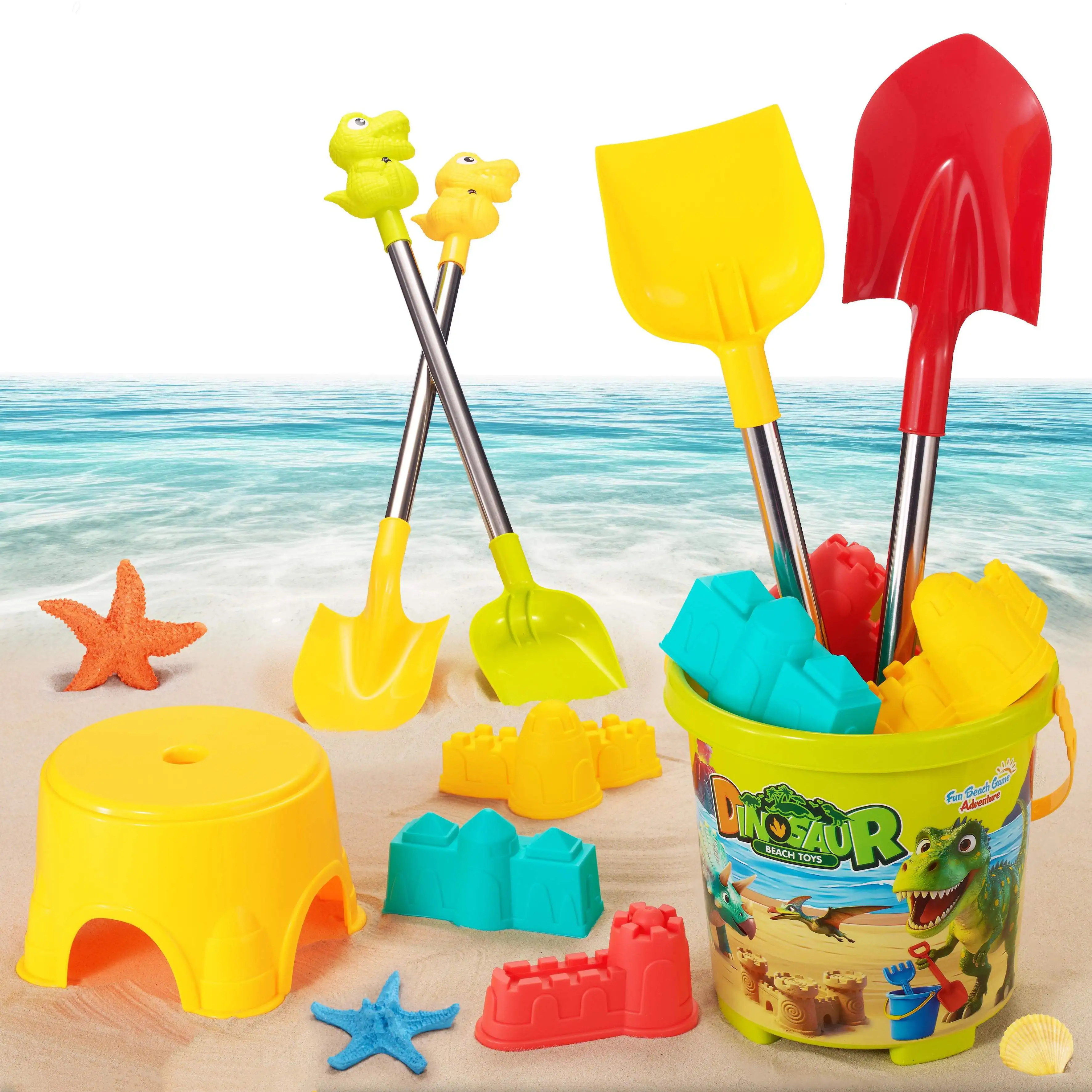 7pcs Dinosaur Beach Sand Toys, Durable Sand Bucket with Shovel Tool, Sand Castle Game Kit for Outdoor Play, Ideal Summer Toys