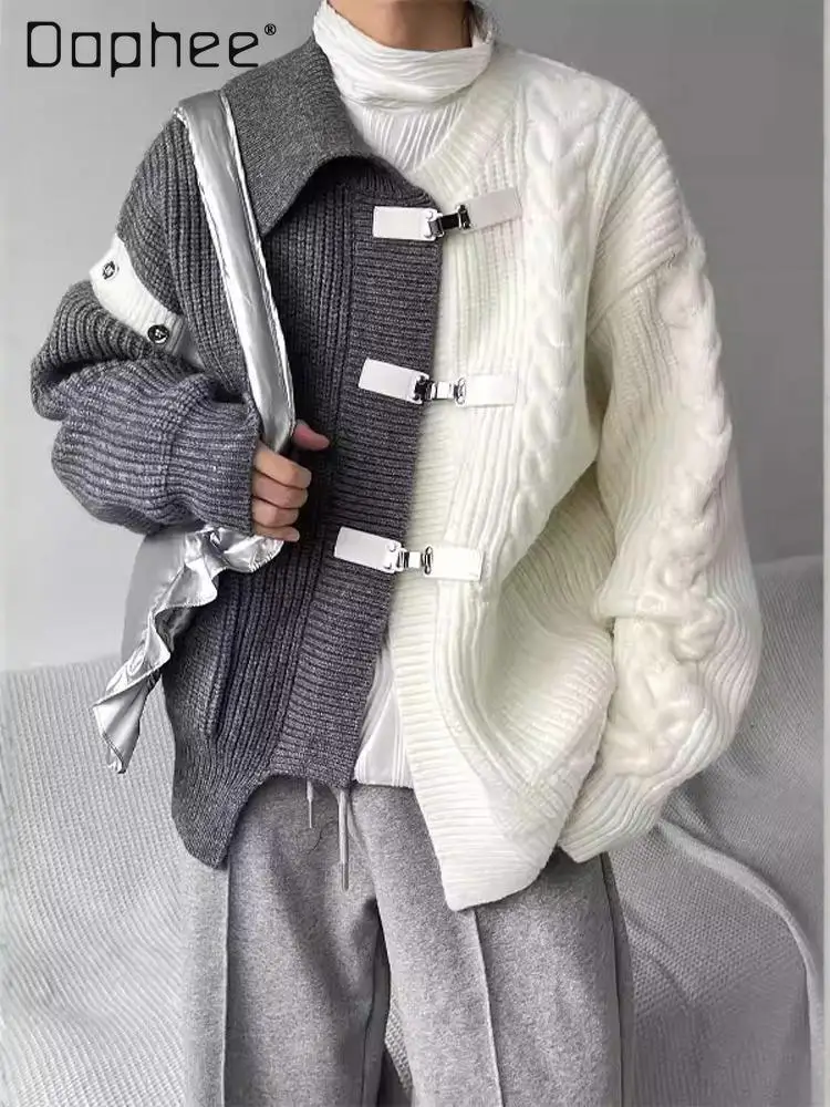 2025 Autumn Winter New Irregular White Gray Spliced Sweater Men's Loose Metal Button Black Loose Knitted Cardigan