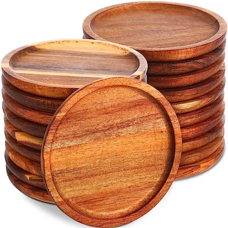 

20 Set Acacia Wood Dinner Plates Round Wooden Charger Plates 6 Inch Serving Tray Lightwght Unbreakable Natural Dinnerware Dishe