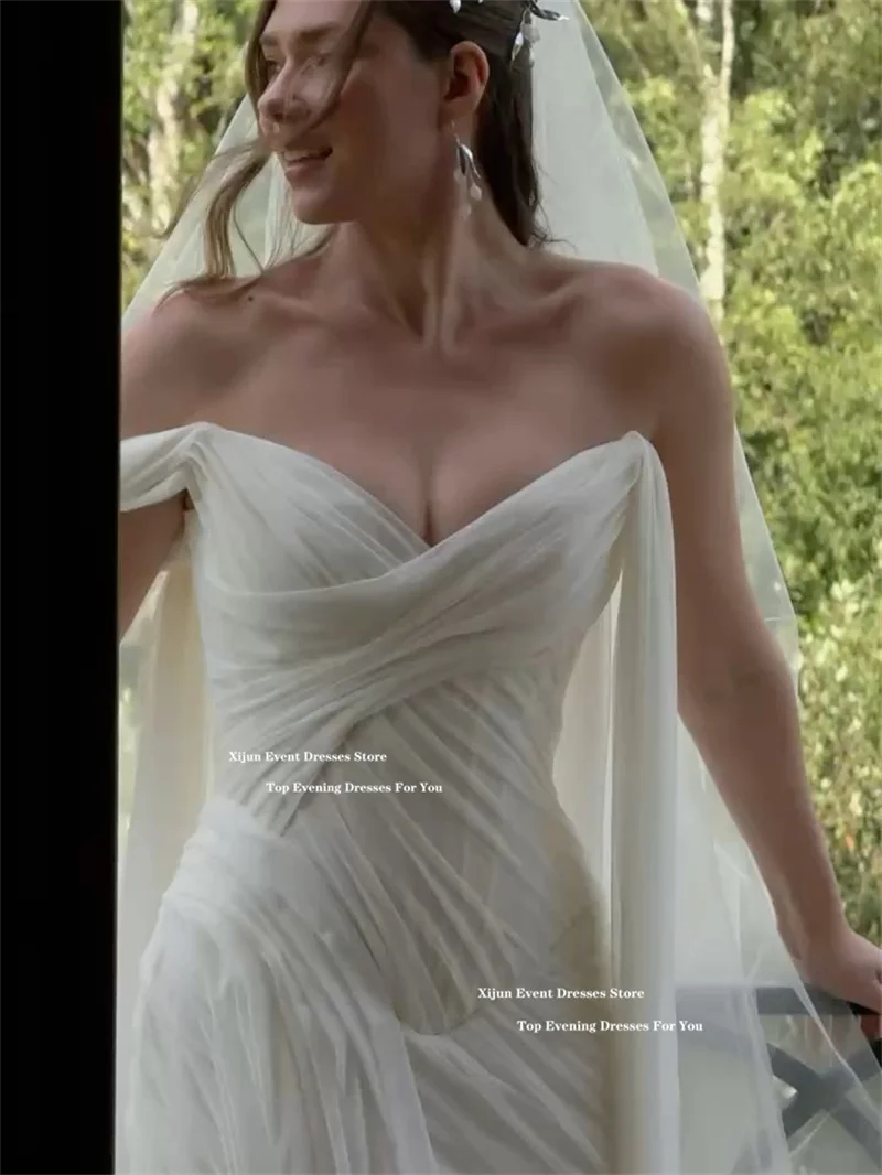 Xijun Ivory Chiffon A-Line Wedding Dresses Sweetheart Off The Shoulder Bridal Gowns Scarf Split Elegant Prom Dresses Customized image 2