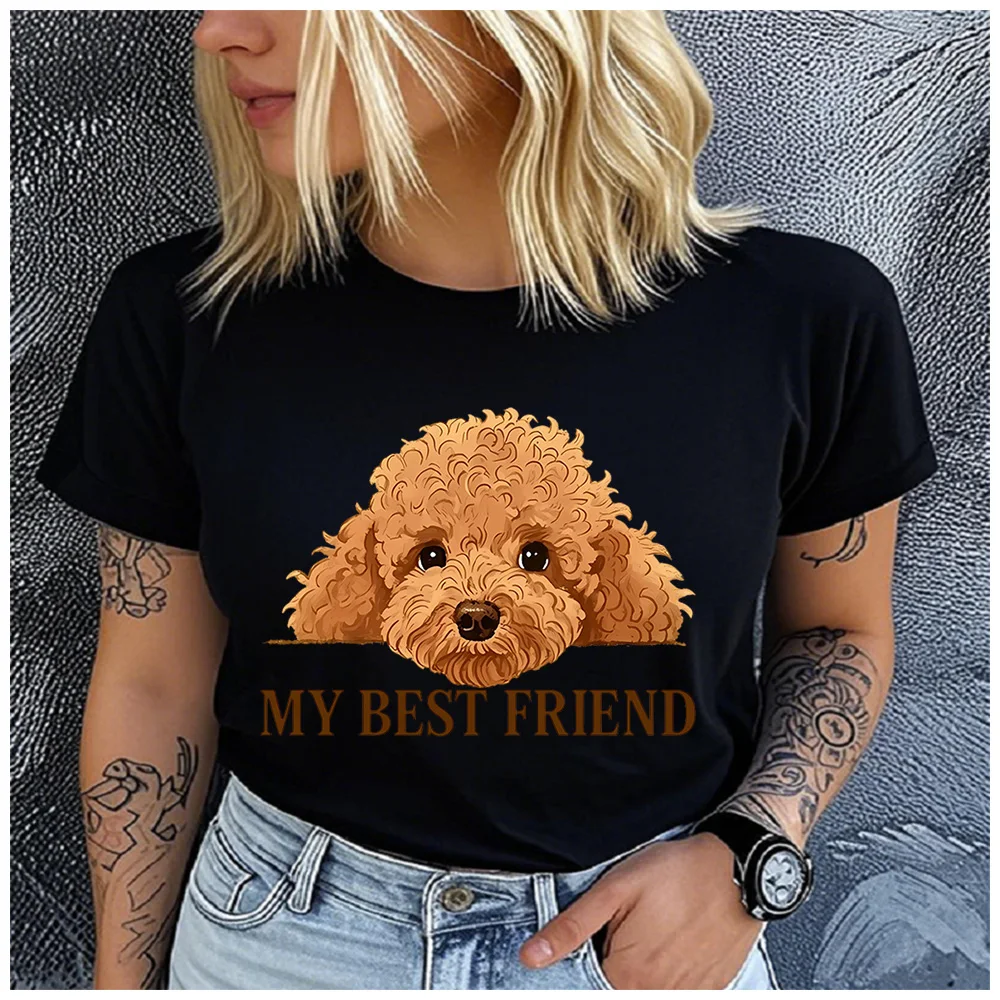 Cotton 100% Pet Lover Women Short Sleeve T-Shirt Poodle Dog My Best Friend Graphic Casual Tee