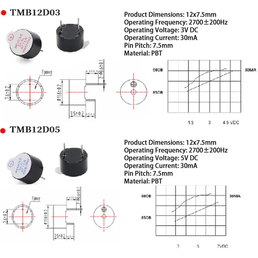 工場供給 TMB12D05 アクティブブザー 5V 12V 3V - 直径 12mm ロングビープ音、30mA低電力、2700±200Hz、迅速な発送