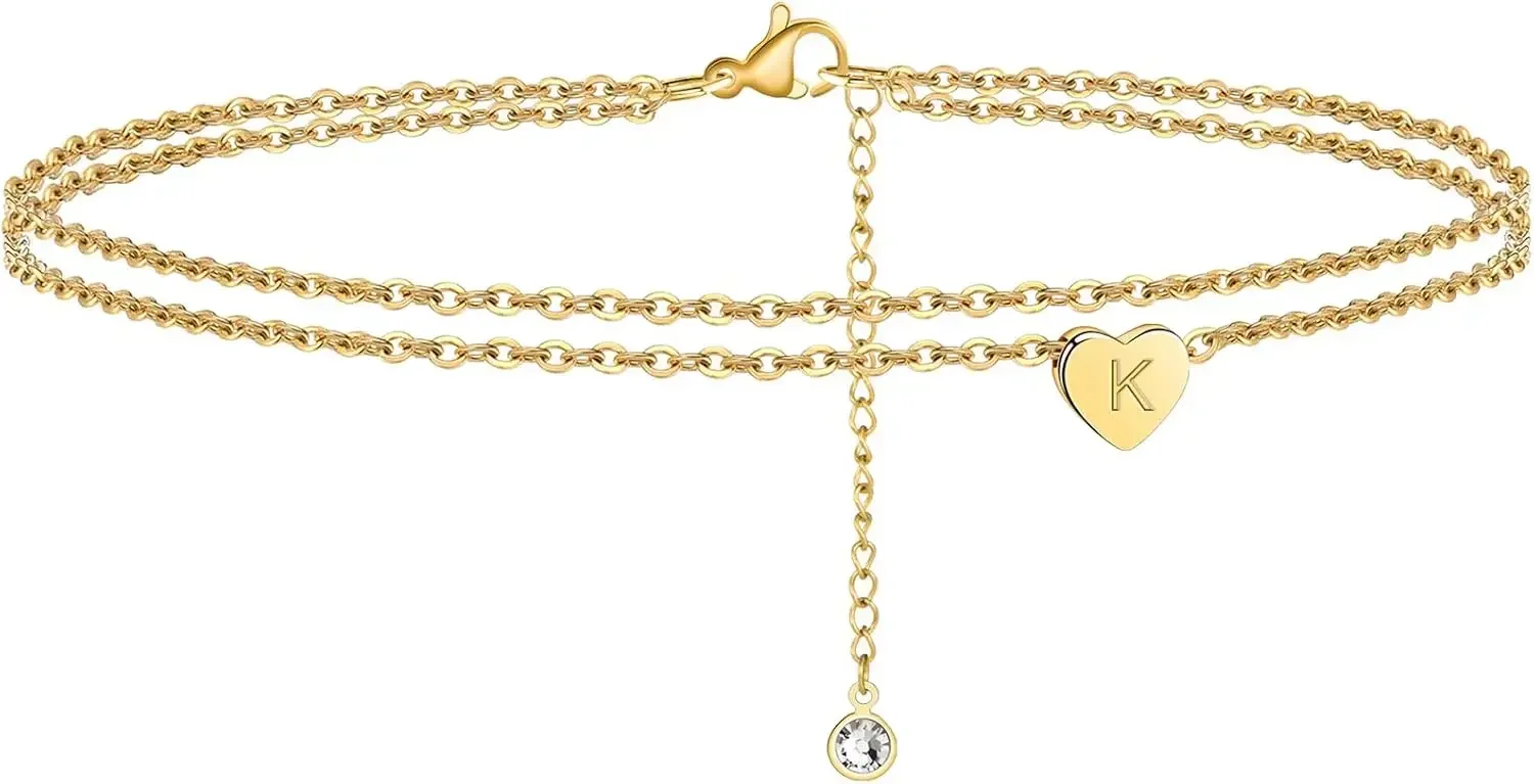 Tobilleras para Mujer, Chapadas en Oro de 14K, Delicadas y en Capas, con Iniciales en Forma de Corazón, Regalos para Mujer