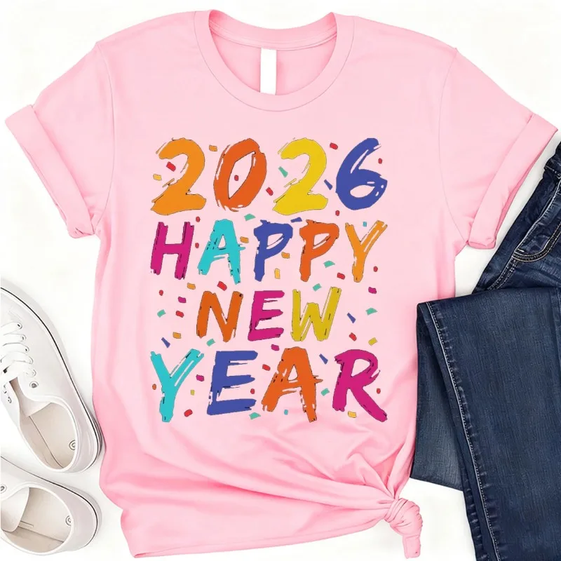 2026 Happy New Year Shirt, Hello 2026 Party Outfit Crew Neck Short Sleeve Cotton Top All Seasons Casual Fashion Comfortable Tees