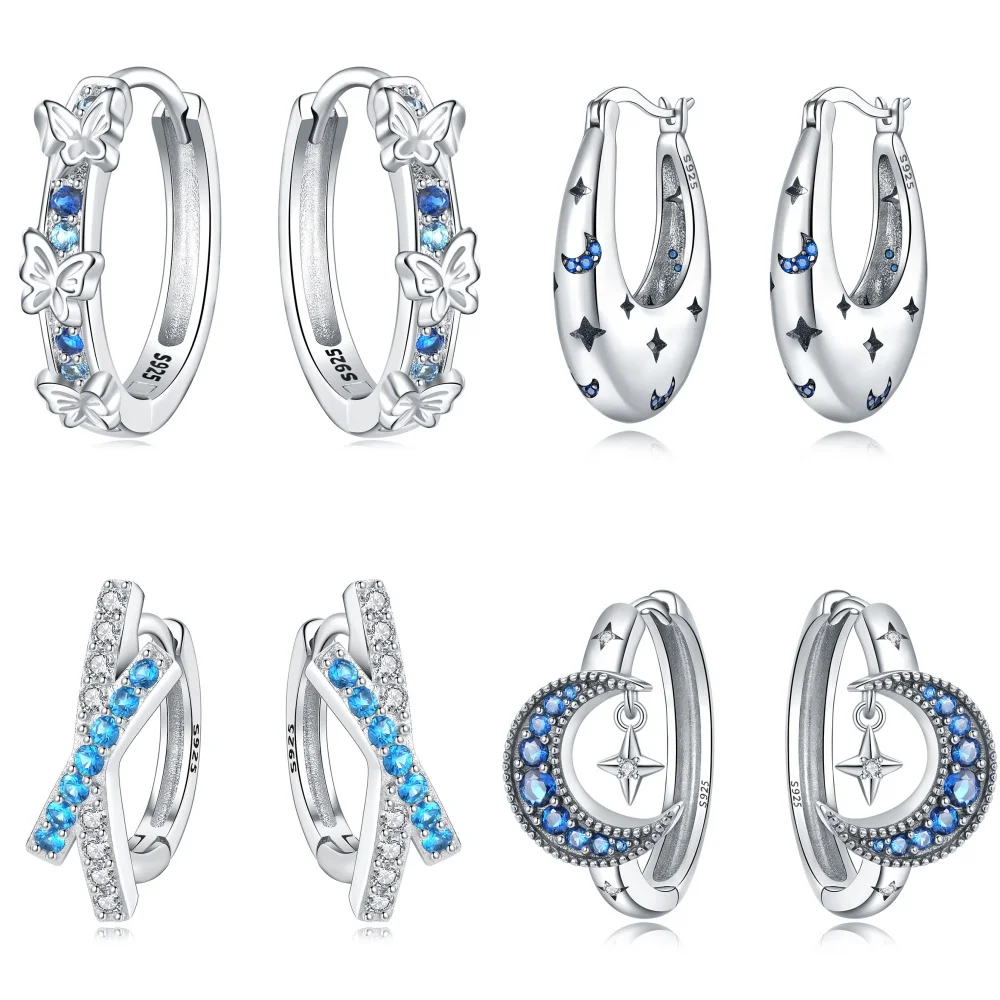 925 Sterling Silver Blue Butterfly Star Earrings Jewelry Versatile Hoop Earrings For Women Jewelry Birthday Party Fine Gifts