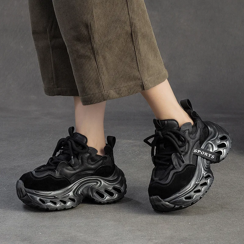 

Genuine Leather Chunky Sneakers for Women Fashion Spring 6.5cm Walking Sport Shoes Designer High Platform Casual Dad Shoes Woman