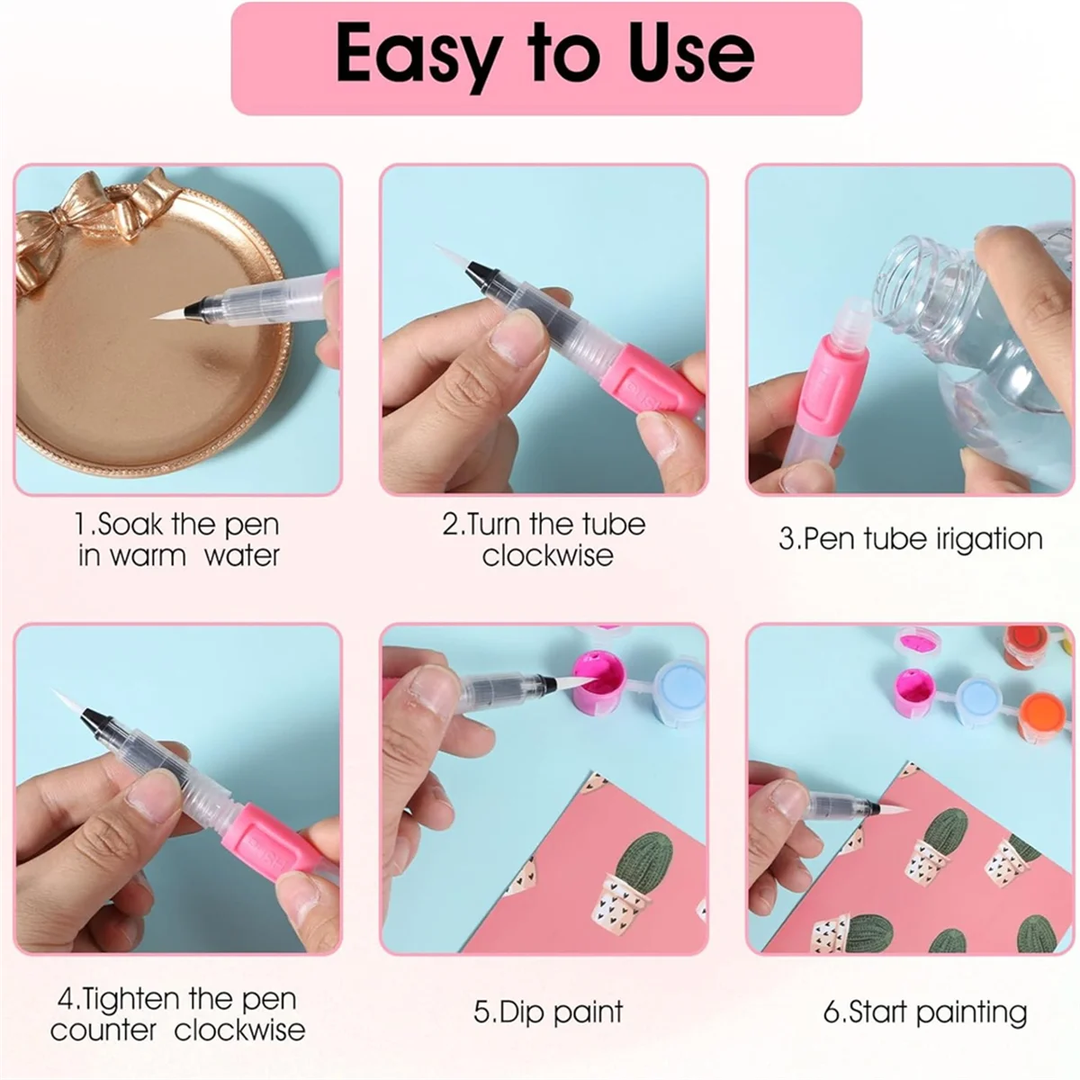 AA98 6Pcs Brushes for Painting Watercolor Brush Fountain Pen Nylon Paint Brush Set for Calligraphy Art Supplies Pink view 6