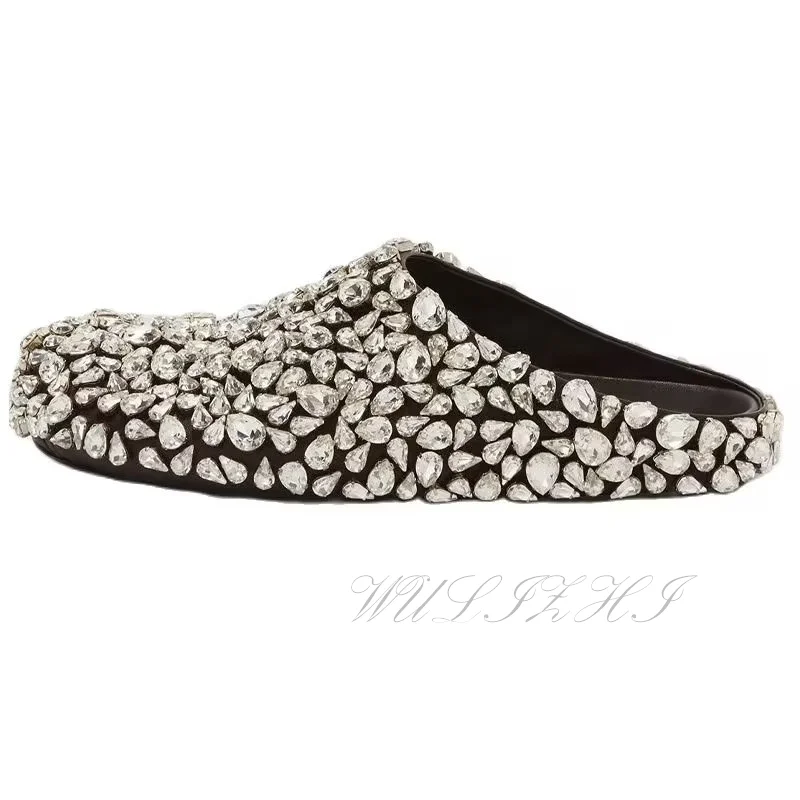 Silver Big Diamond Round Toe Flat Slipper Women Bling Cover Mules Black Leather Sole Fashion Crystal Glitter Fashion Casual Shoe