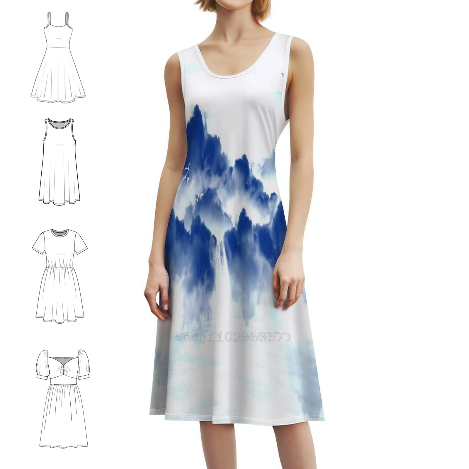 

Современное абстрактное синее облако с текстурой, сексуальное платье для отпуска для женщин, пляжная вечеринка, мини-платье на день рождения, облака, небо, птицы, абстракция