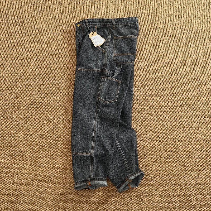 الرجعية الأمريكية سجل قطع الجينز الرجال فضفاض مستقيم الساق مدبب الدنيم السراويل العصرية يغرق المرقعة السراويل الطويلة