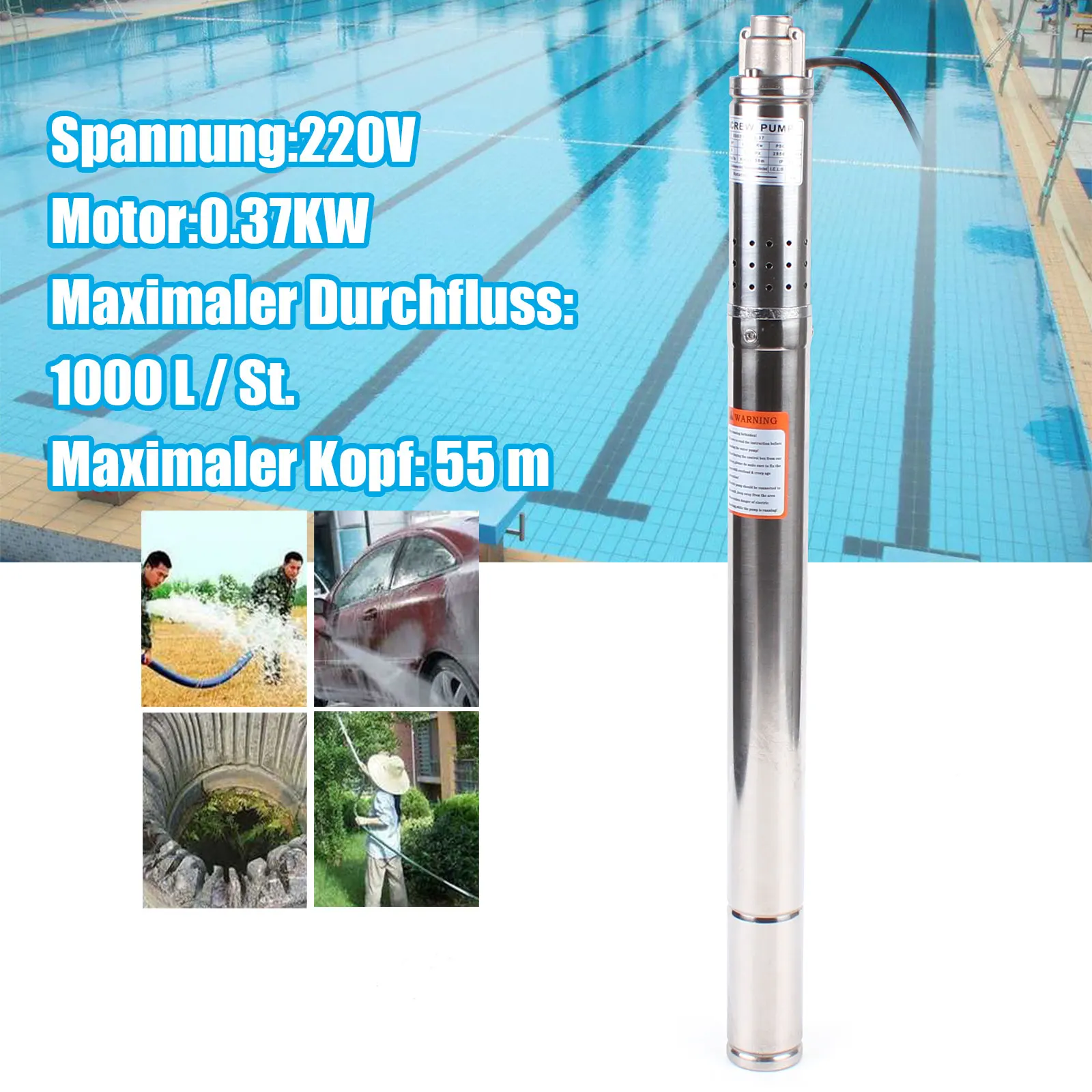 Water Pump with 15M Line, Stainless Steel 370W 220 V Submersible Pump 2-in Deep Well Pump Garden