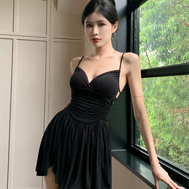 

Pure Desire Spicy Girl Black Slip Dress, Sexy Deep V Waist - Slimming Short - length Dress for Women