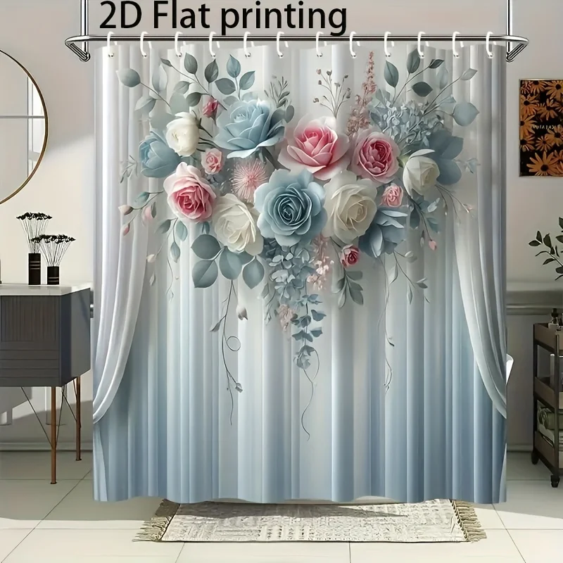 2D Flat, 1pc Romantic Elegant Style Shower Curtain, 2D Flat Printing, Rich Floral Patterns, Creating a Romantic and Warm Atmosph