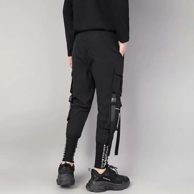 Classic Streetwear Hip Hop Joggers Men Letter Ribbons Cargo Pants Pockets Track Tactical Casual Male Trousers Sweatpant K110