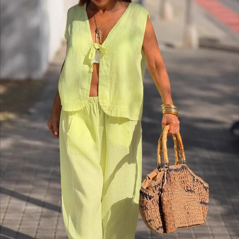 

2025 Summer New Vacation Loose 2 Piece Fashion Sleeveless Lace Up Vest&Wide Leg Pants Sets Simple Commuting Women Casual Outfits