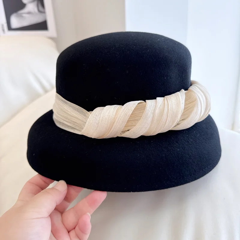 High quality Hepburn style silk hemp ribbon lampshade hat Autumn-Winter Australian wool felt hat Fashion elegant French top hat